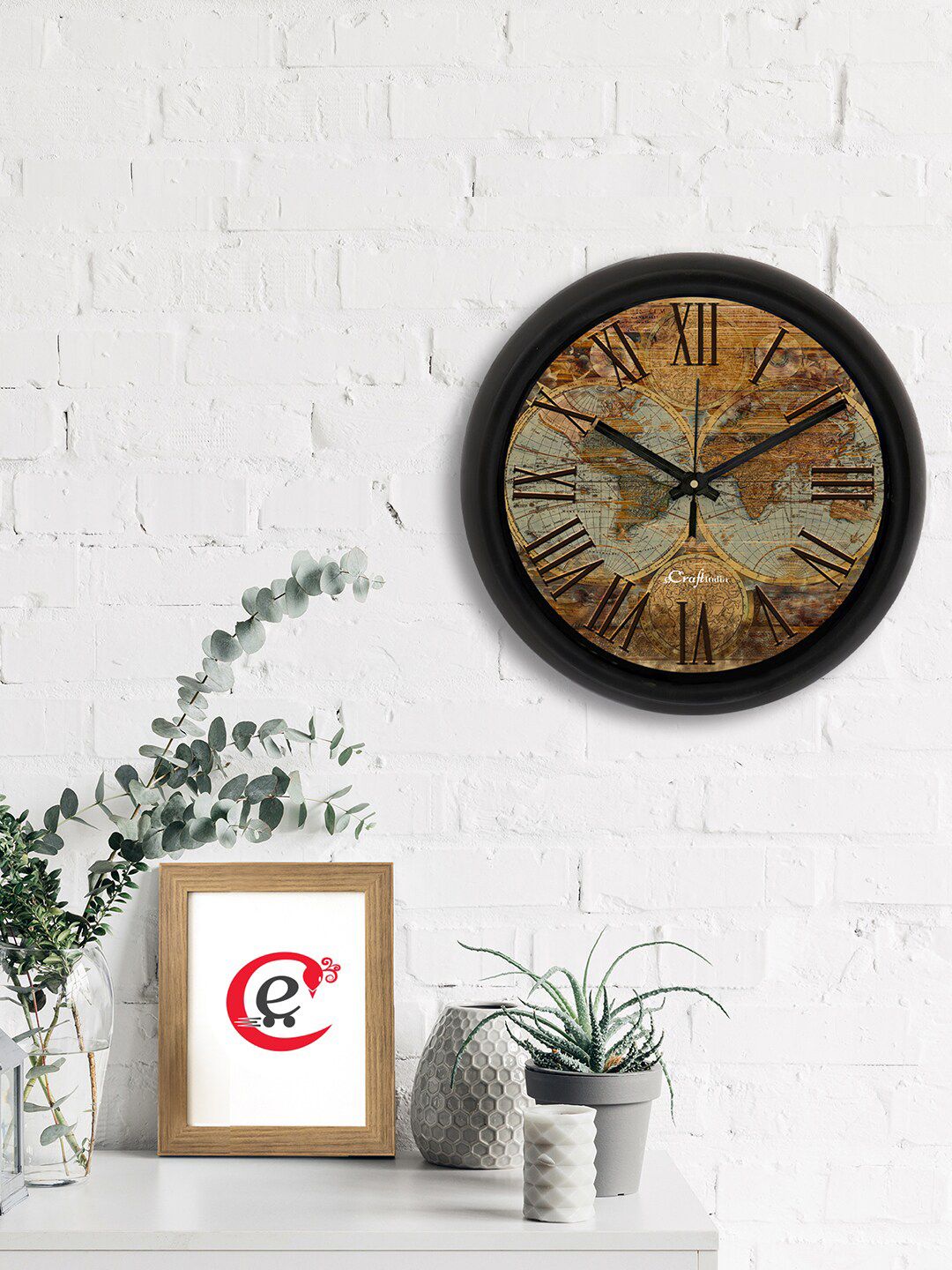 eCraftIndia Brown & Black World Map Printed Contemporary Analogue Wall Clock Price in India