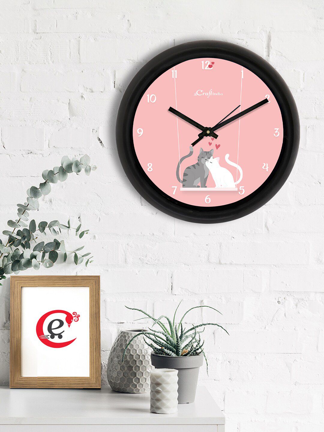 eCraftIndia Pink & Black Printed Contemporary Analogue Wall Clock Price in India