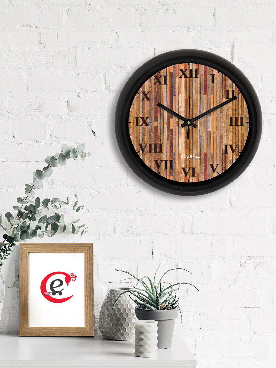 eCraftIndia Brown & Black Printed Contemporary Analogue Wall Clock Price in India