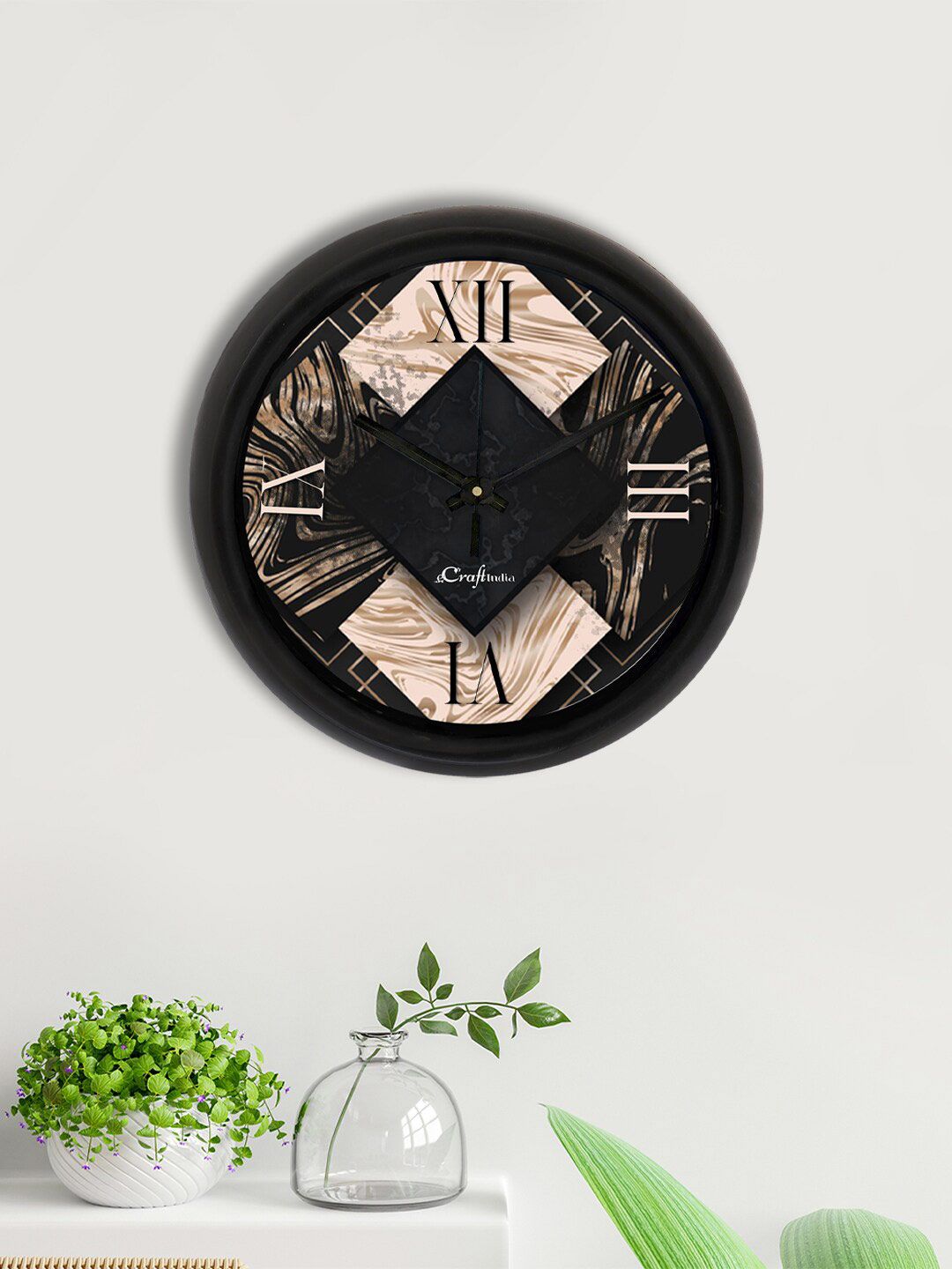 eCraftIndia Black & Beige Printed Contemporary Analogue Wall Clock Price in India