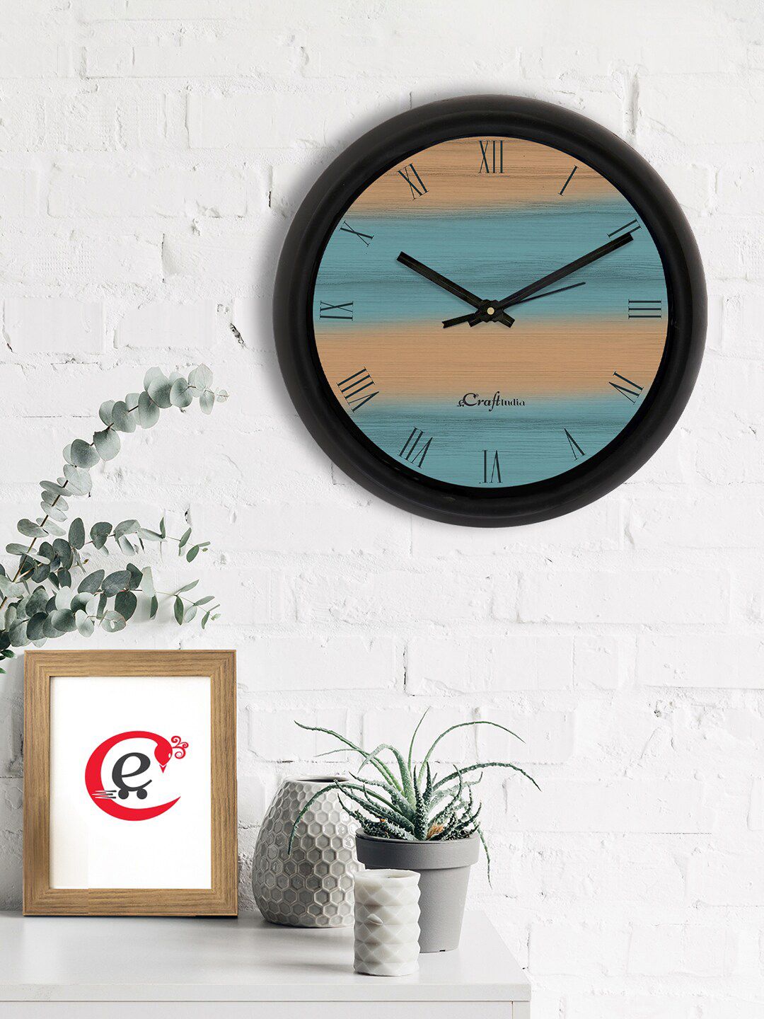 eCraftIndia Brown & Blue Printed Contemporary Analogue Wall Clock Price in India