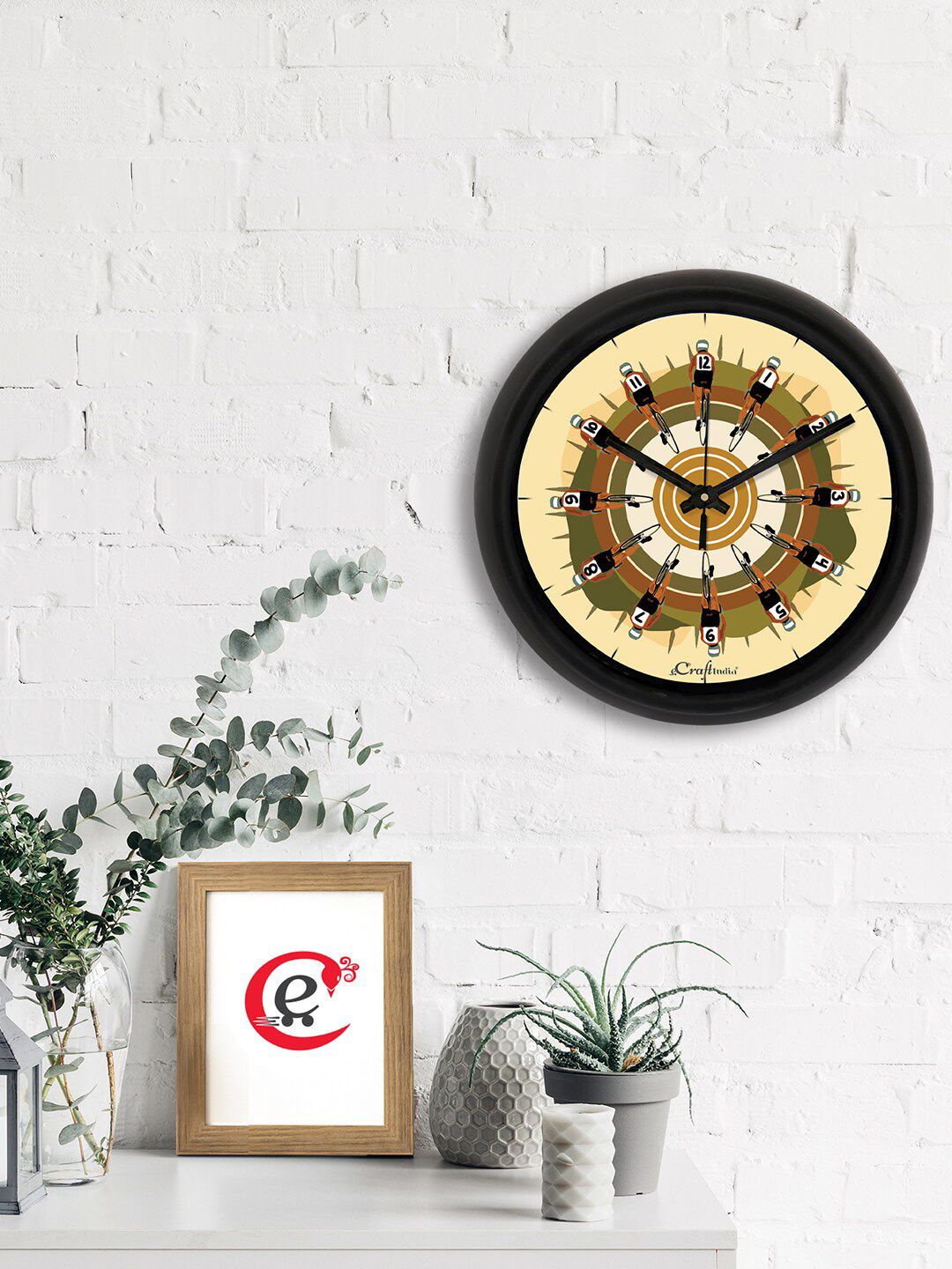 eCraftIndia Beige & Green Cyclist Printed Contemporary Analogue Wall Clock Price in India