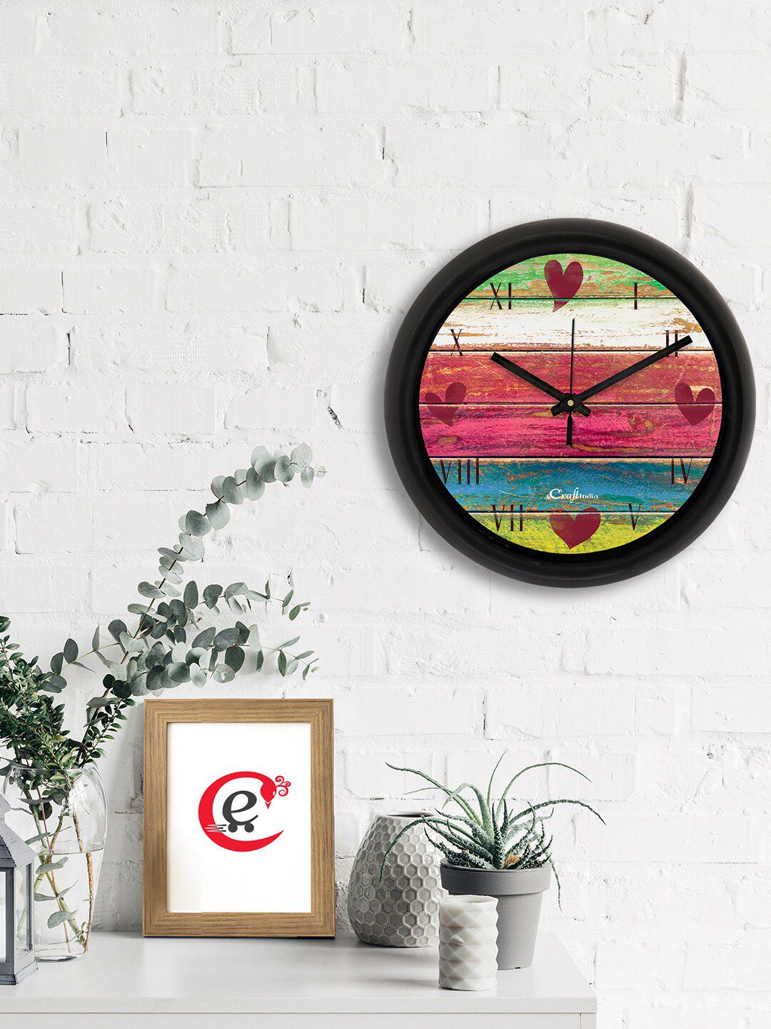 eCraftIndia Pink & Green Printed Contemporary Wall Clock Price in India