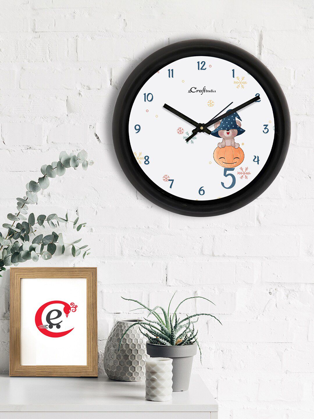 eCraftIndia White & Orange Printed Contemporary Wall Clock Price in India