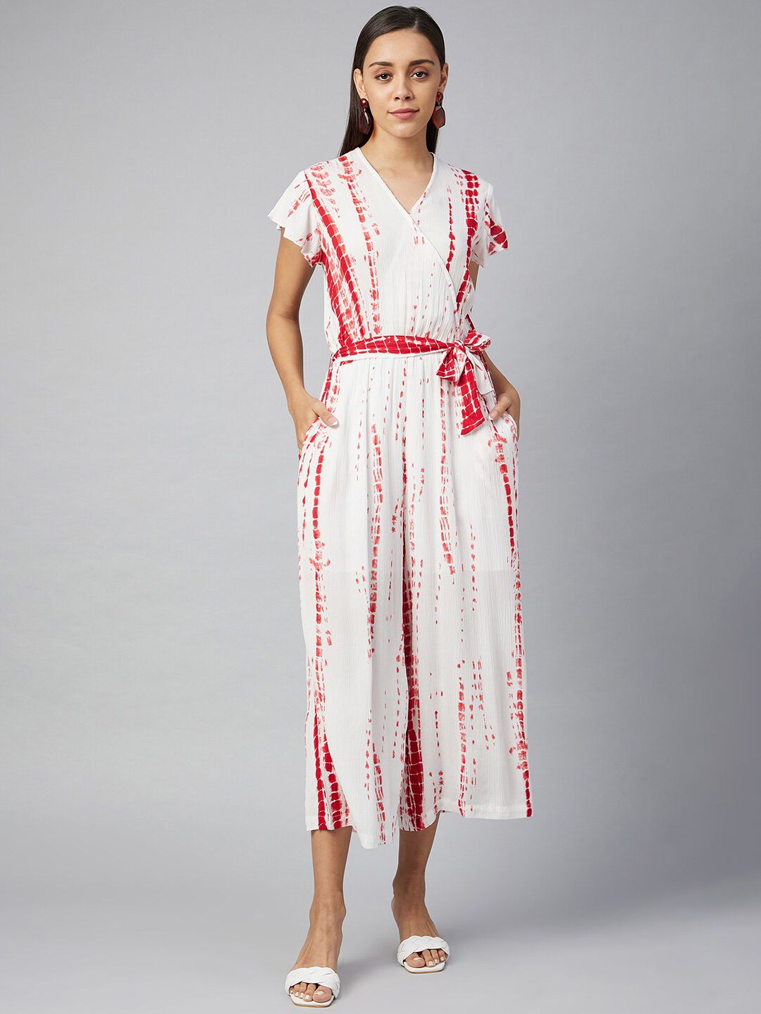 StyleStone White & Red Tie & Dye Printed Basic Jumpsuit Price in India