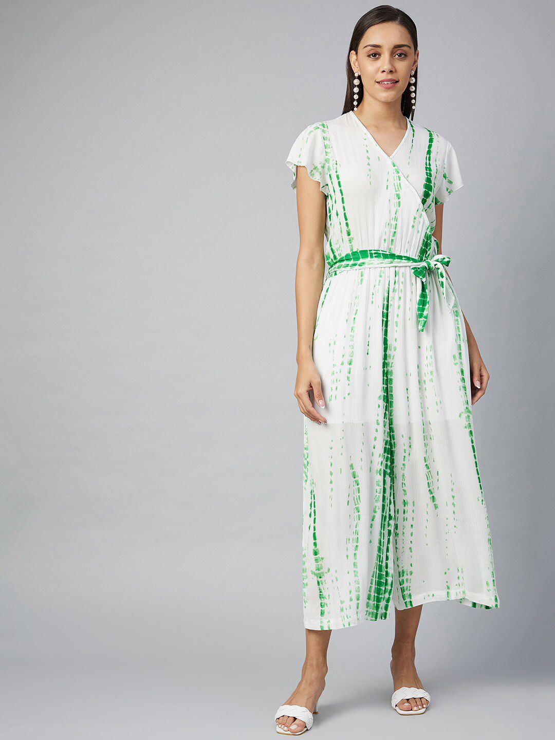 StyleStone Green & White Tie & Dye Printed Basic Jumpsuit Price in India