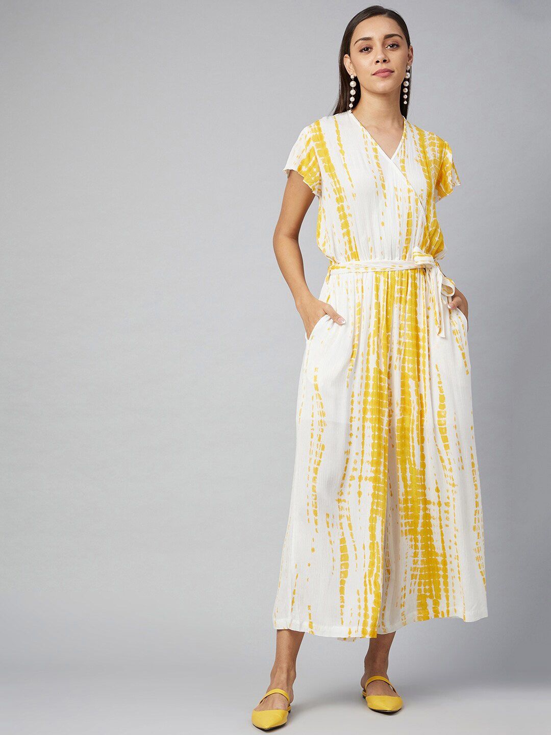 StyleStone Yellow & White Tie & Dye Printed Basic Jumpsuit Price in India