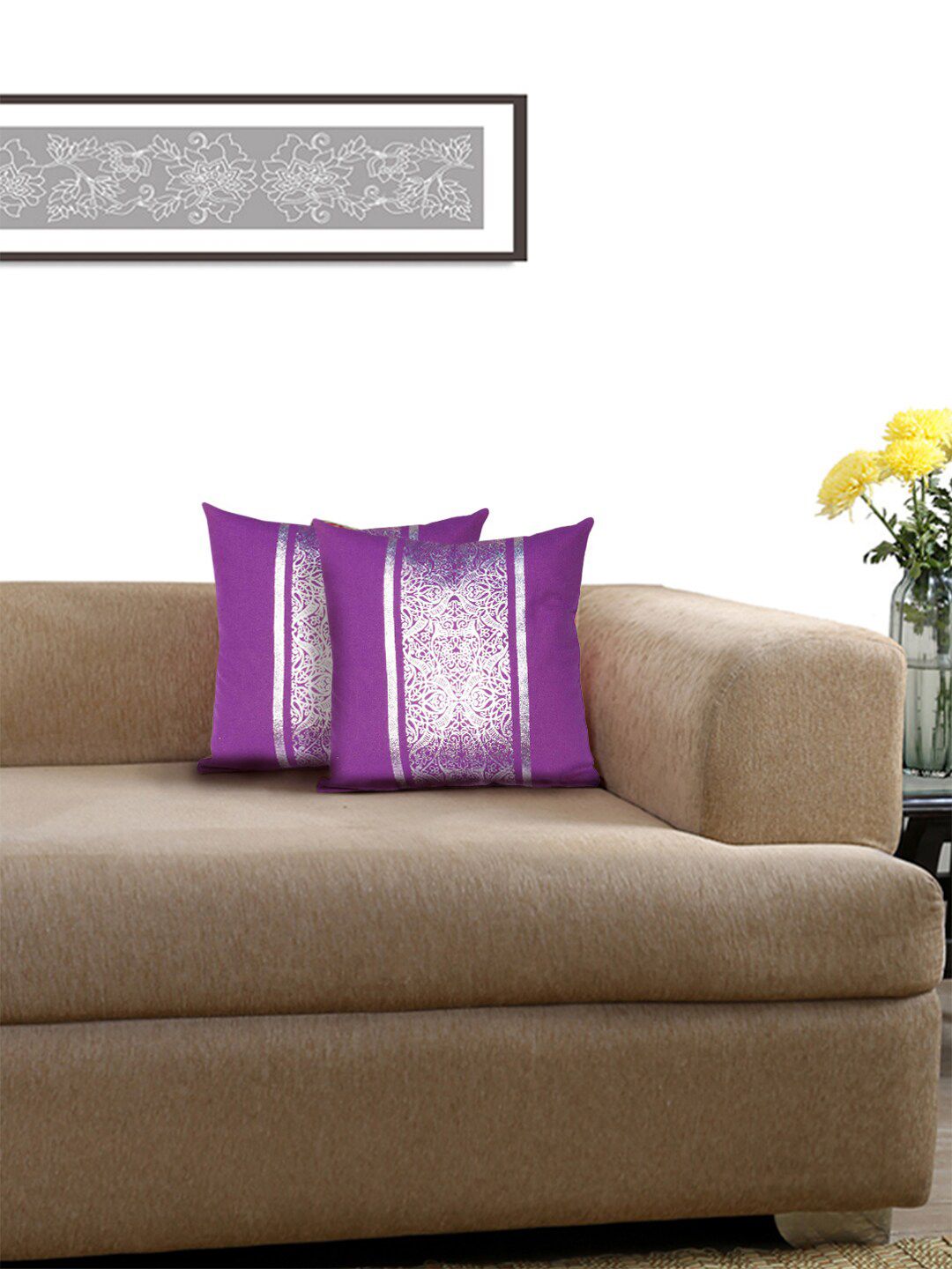 Lushomes Silver-Toned & Purple Set of 2 Abstract Square Cushion Covers Price in India