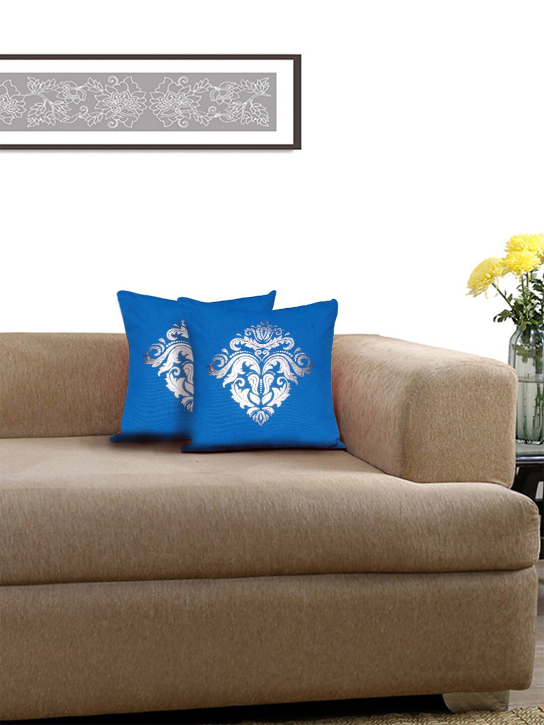 Lushomes Blue & Silver-Toned Set of 2 Abstract Square Cushion Covers Price in India