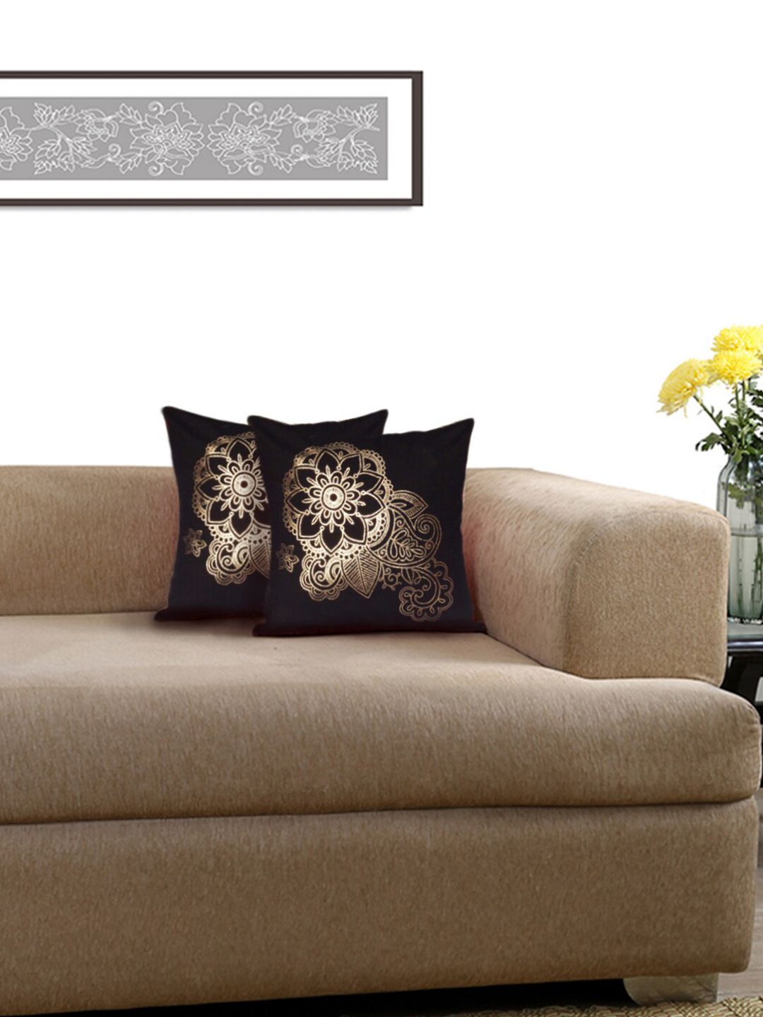 Lushomes Black & Gold-Toned Set of 2 Abstract Square Cushion Covers Price in India