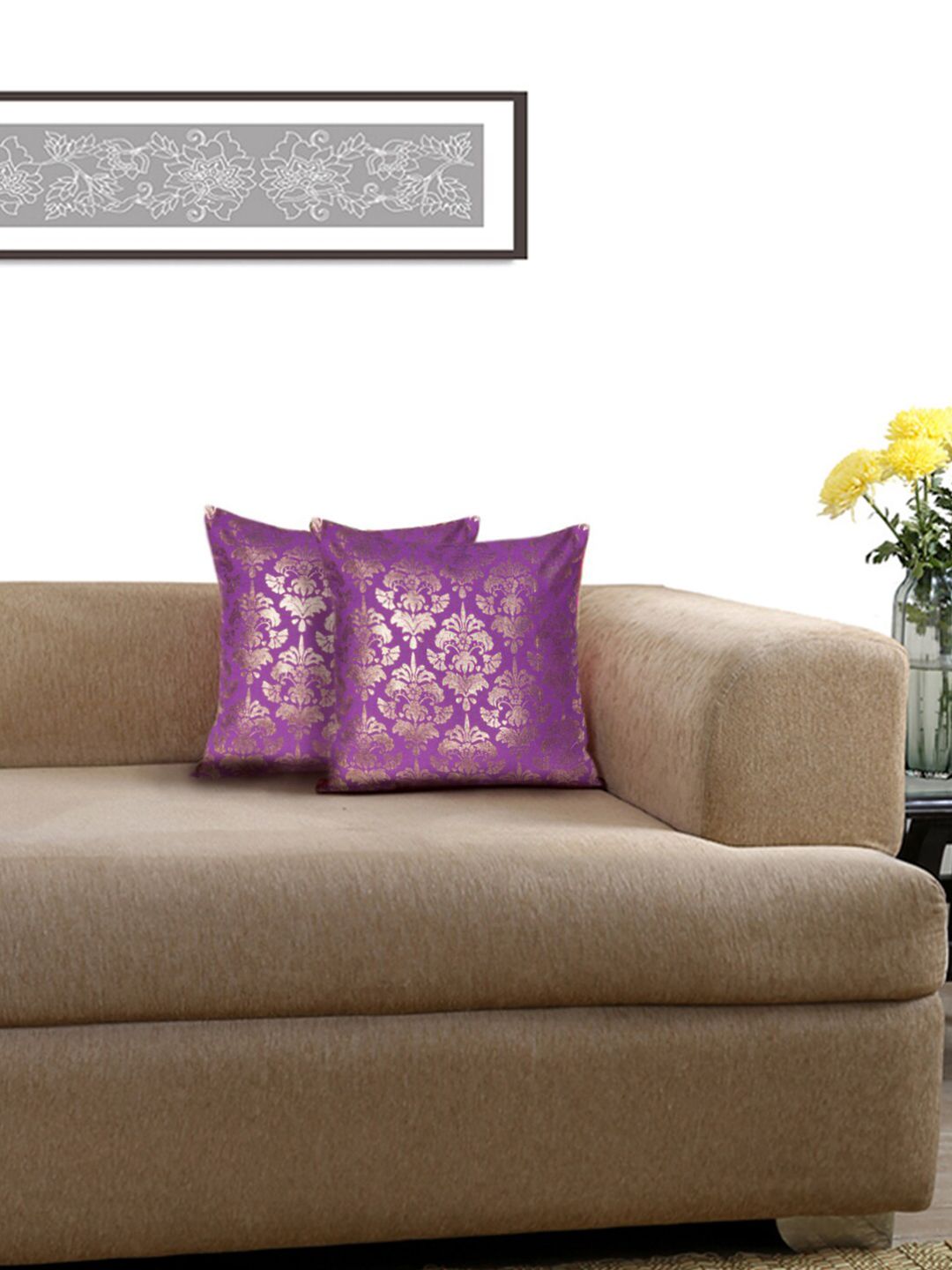 Lushomes Violet & Gold-Toned Set of 2 Ethnic Motifs Square Cushion Covers Price in India