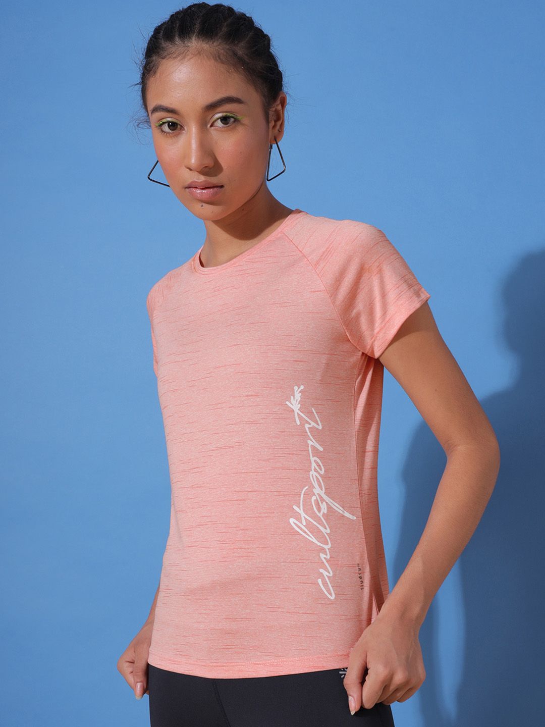 Cultsport Women Peach-Coloured & White Printed Workout T-shirt Price in India