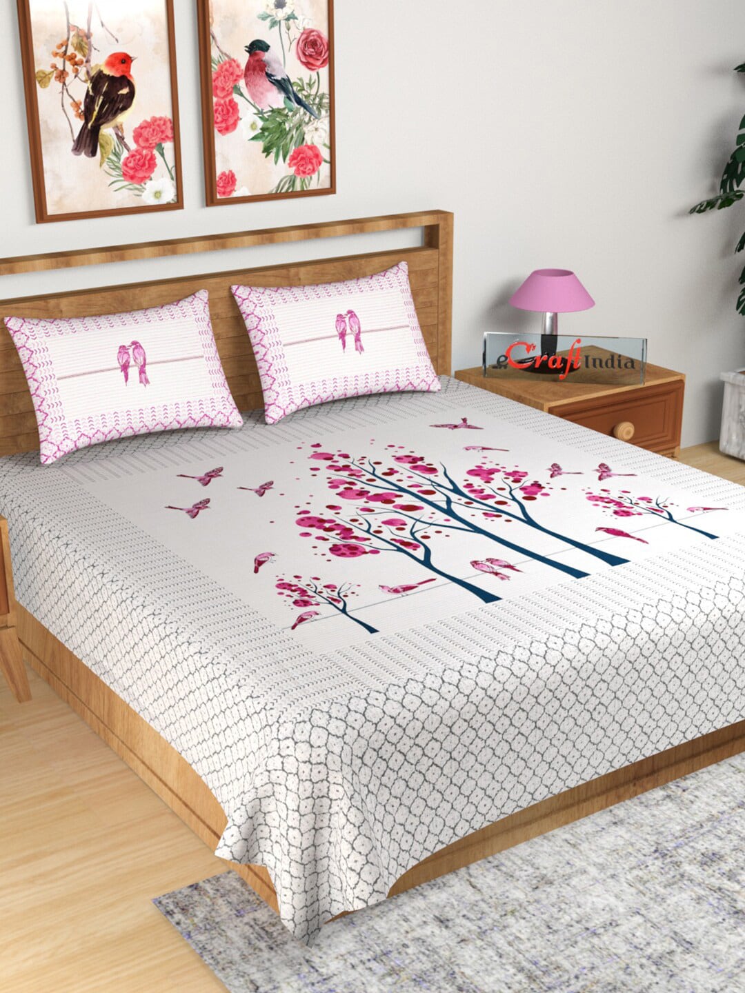 eCraftIndia Pink & White Graphic 180 TC King Bedsheet with 2 Pillow Covers Price in India