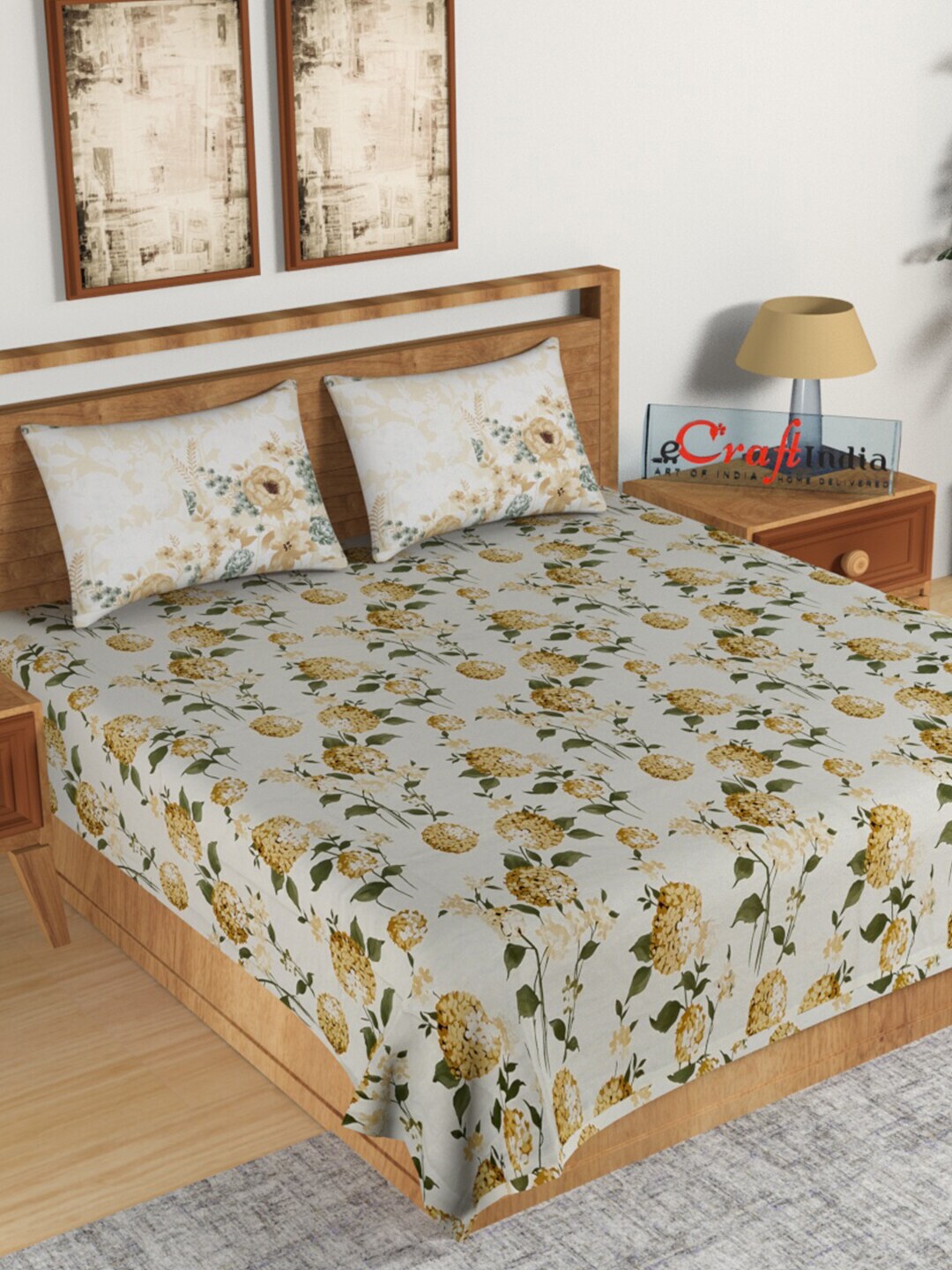 eCraftIndia Yellow & Green Floral 144 TC King Bedsheet with 2 Pillow Covers Price in India