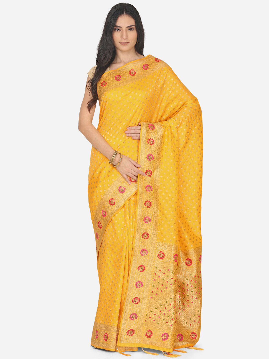 BOMBAY SELECTIONS Yellow & Gold Ethnic Motifs Art Silk Banarasi Saree Price in India