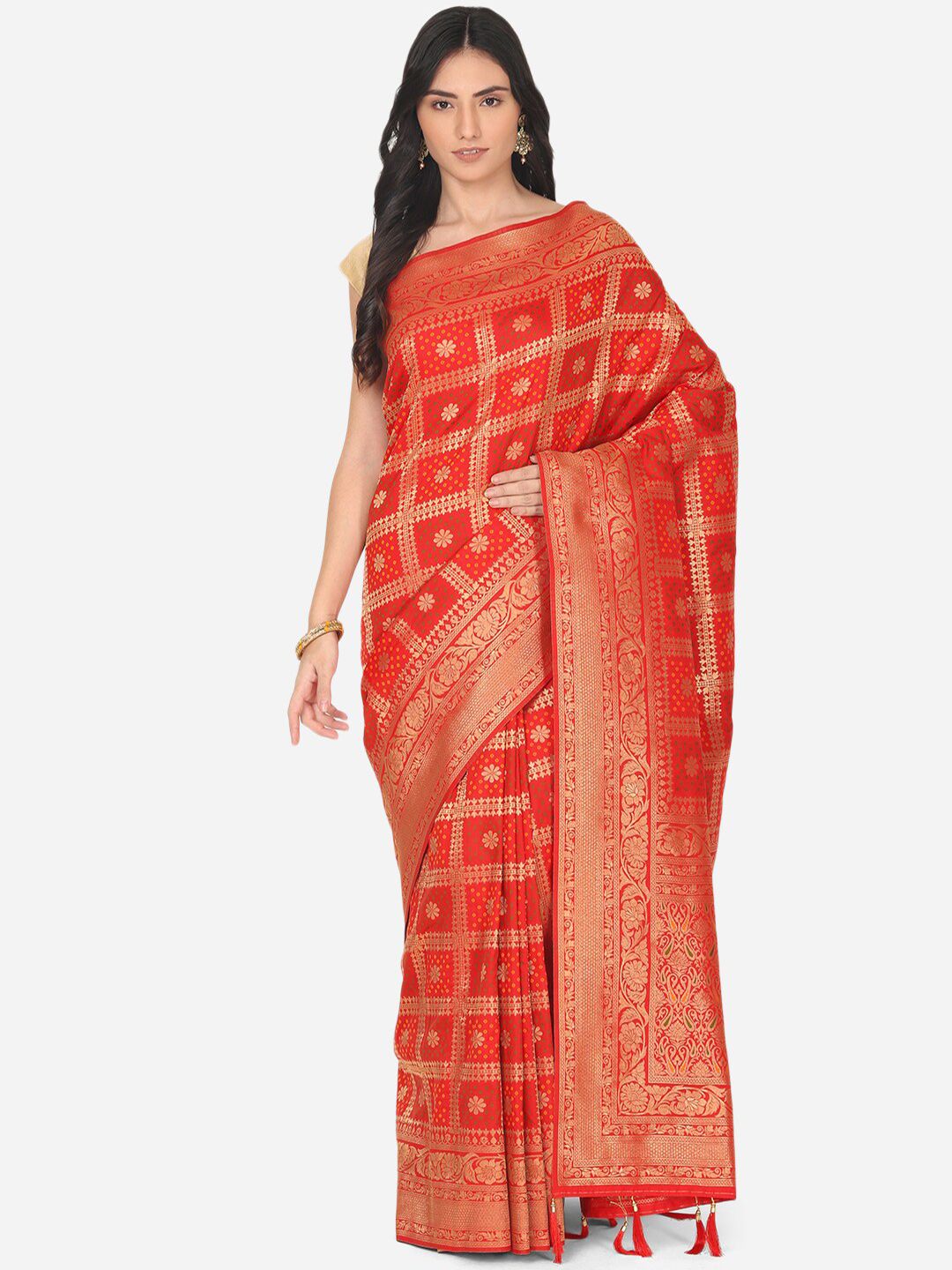 BOMBAY SELECTIONS Red & Gold Ethnic Motifs Zari Art Silk Banarasi Saree Price in India