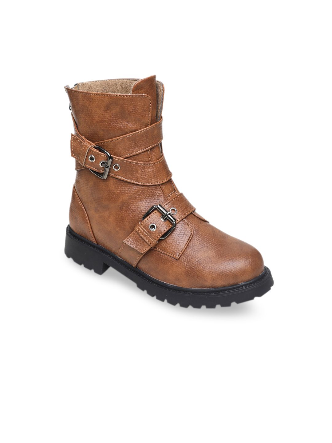 VALIOSAA Women Tan High-Top Block Heeled Boots with Buckles Price in India