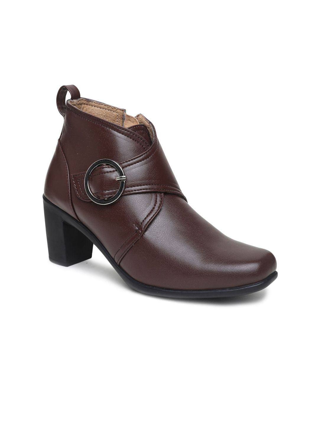 VALIOSAA Brown Block Heeled Boots with Buckles Price in India