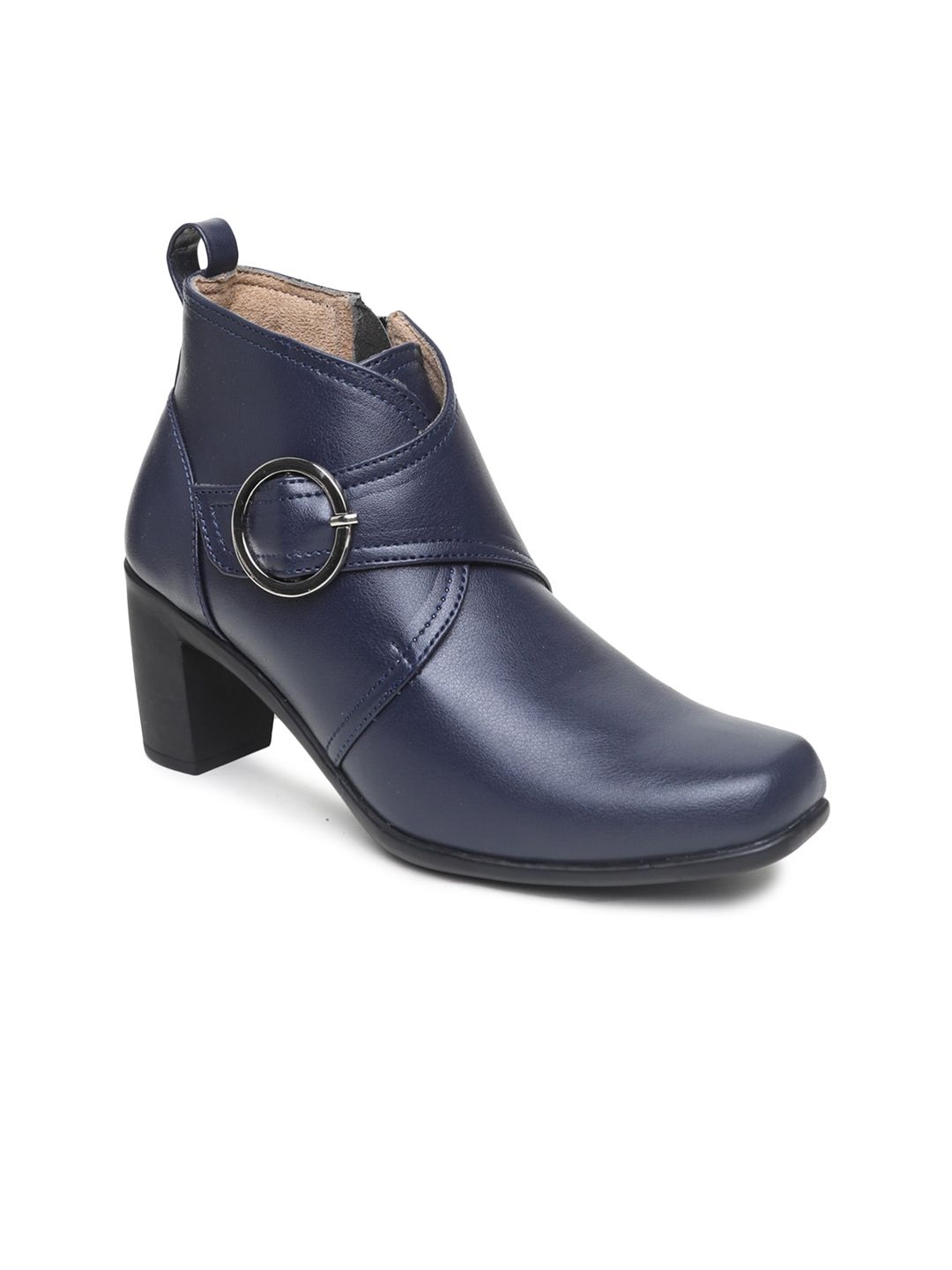 VALIOSAA Woman Navy Blue Block Heeled Boots with Buckles Price in India