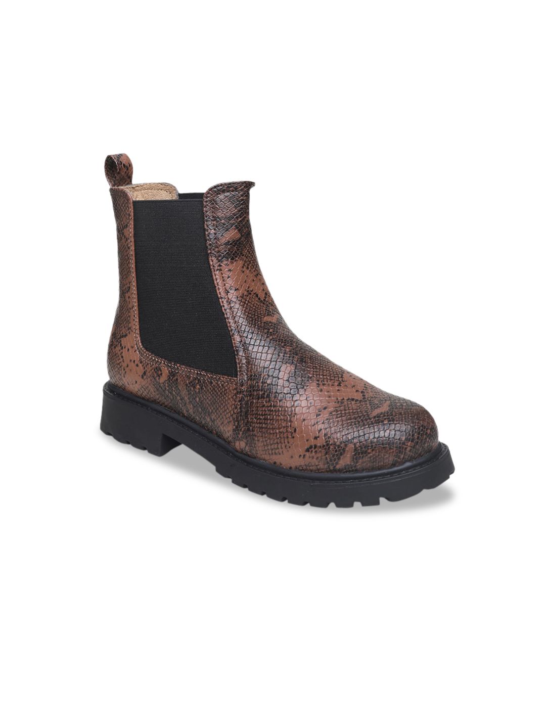 VALIOSAA Brown Printed Block Heeled Boots Price in India