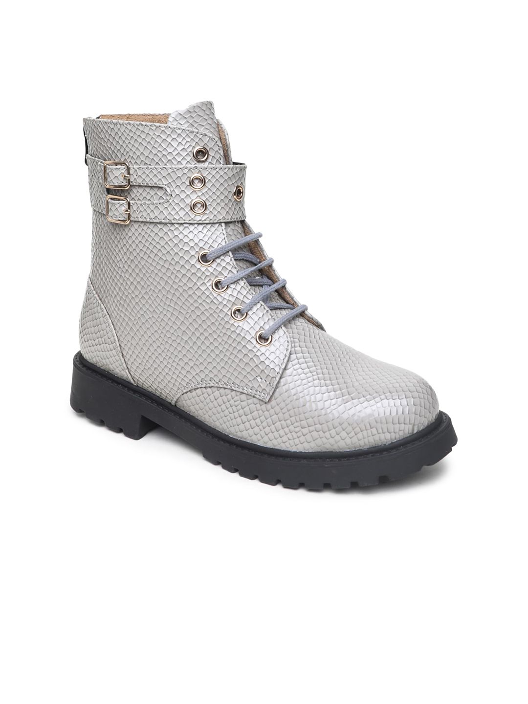 VALIOSAA Grey Printed High-Top Wedge Heeled Boots with Buckles Price in India