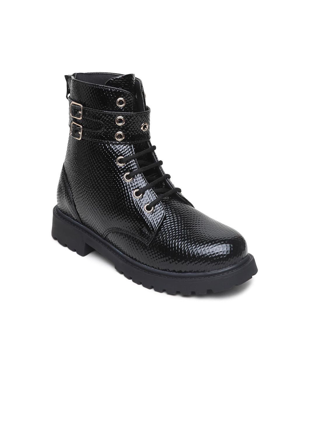 VALIOSAA Black High-Top Block Heeled Boots with Buckles Price in India