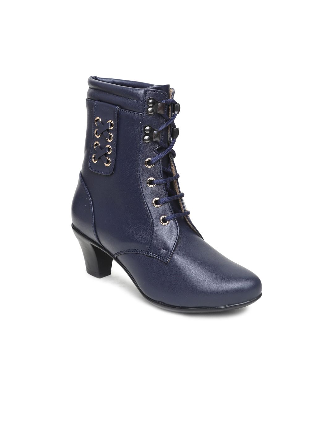 VALIOSAA Navy Blue High-Top Block Heeled Boots Price in India