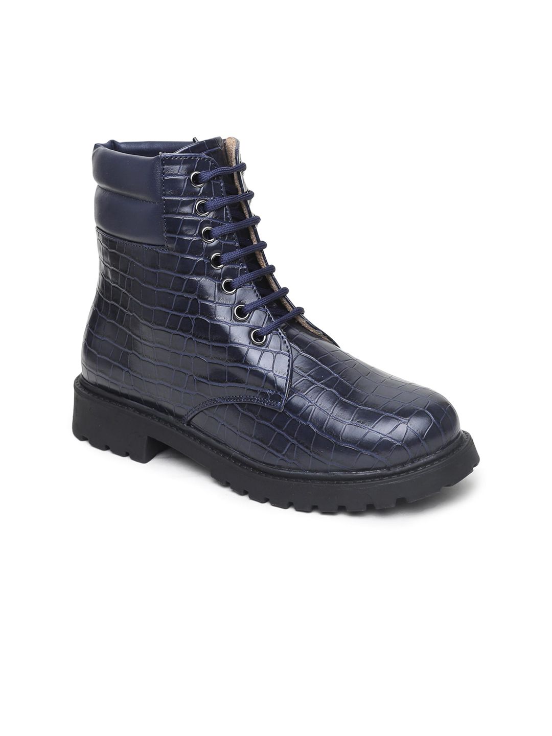 VALIOSAA Women Navy Blue Textured Block Heeled Boots Price in India