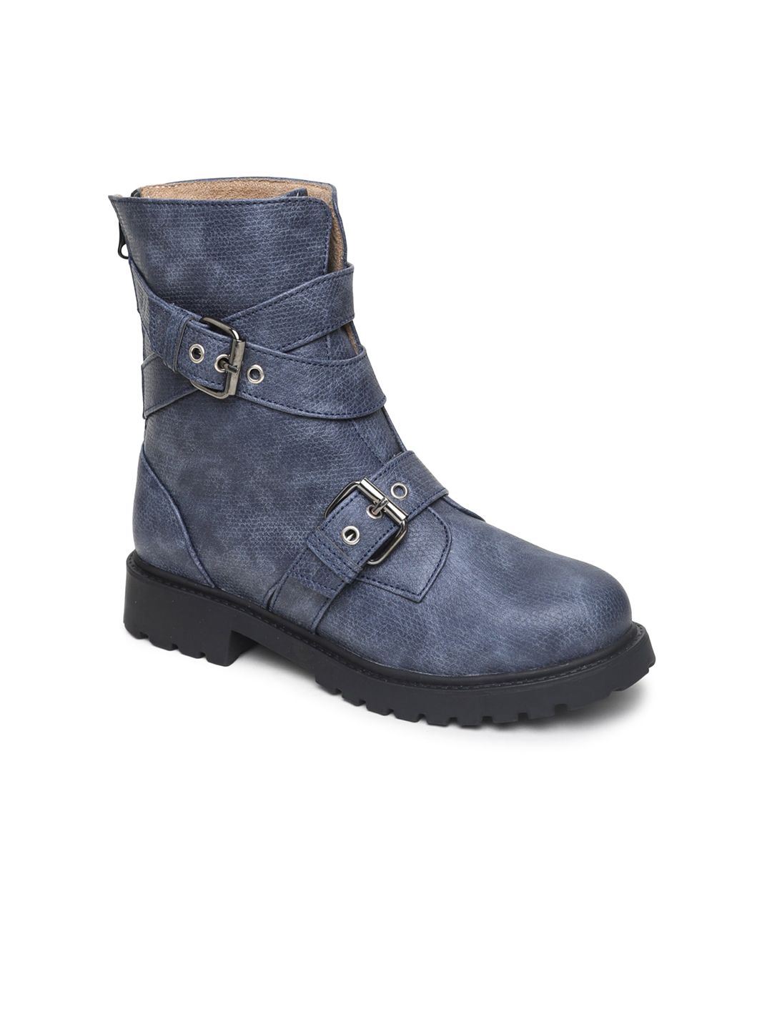 VALIOSAA Navy Blue High-Top Block Heeled Boots with Buckles Price in India