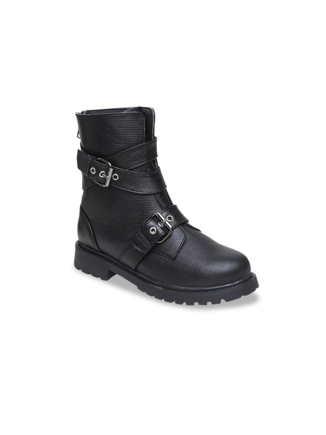 VALIOSAA Black Textured High-Top Block Heeled Boots with Buckles Price in India