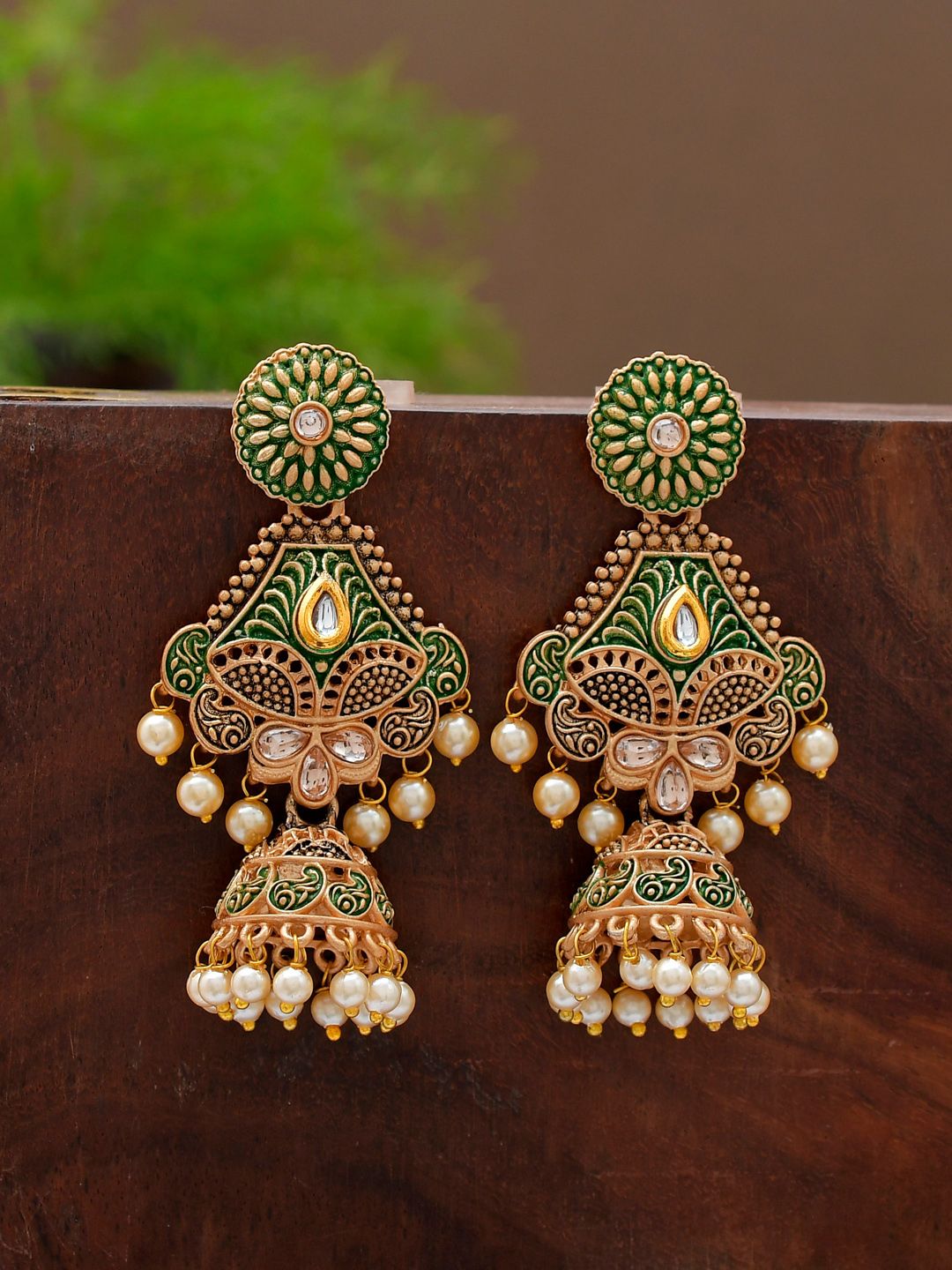 Shoshaa Green & Gold-Toned Contemporary Jhumkas Earrings Price in India