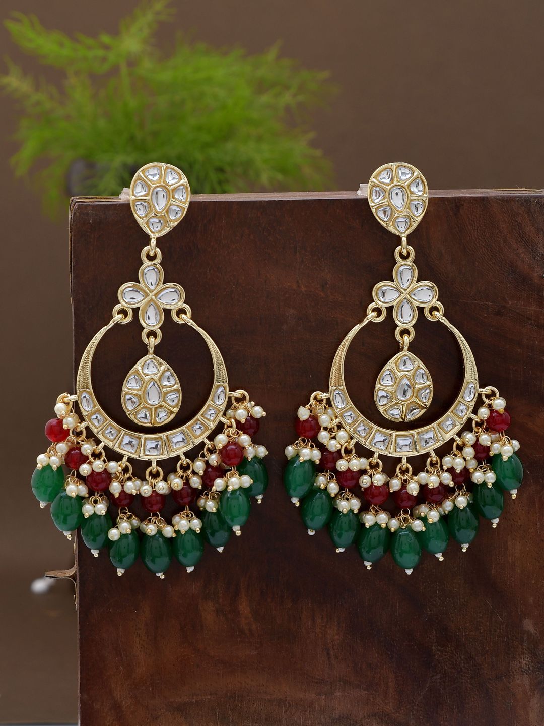 Shoshaa Green Contemporary Kundan Chandbalis Earrings Price in India