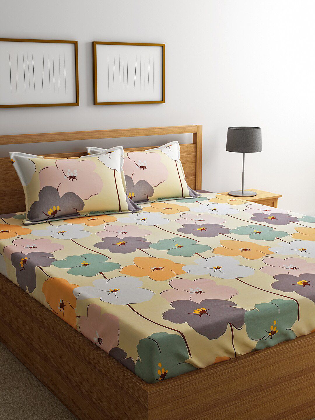 RAGO Orange & Purple Floral 210 TC Cotton Queen Bedsheet with 2 Pillow Covers Price in India