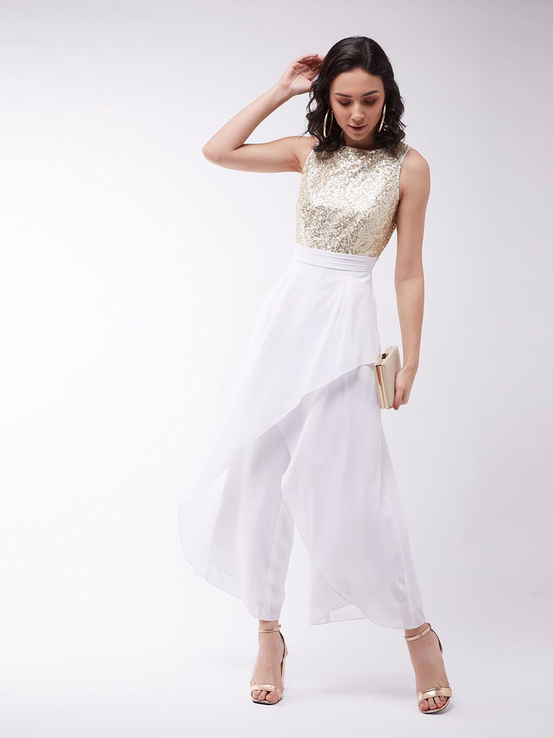 Miss Chase Women White & Gold-Toned Embellished Asymmetric Layered Jumpsuit Price in India