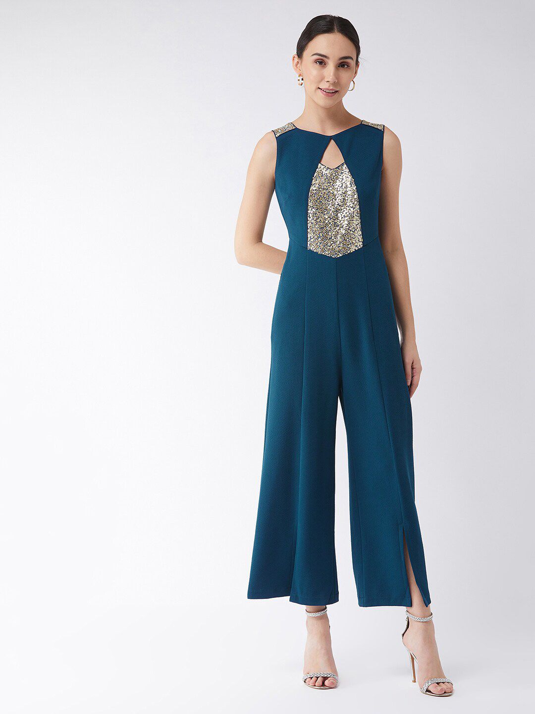 Miss Chase Teal & Gold-Toned Sequin Embellished Jumpsuit Price in India