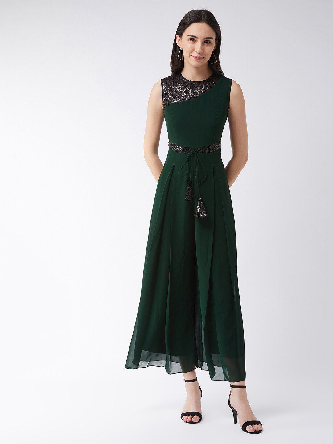 Miss Chase Green Sequined Basic Jumpsuit Price in India
