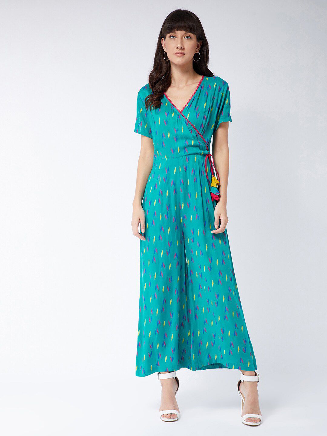 Miss Chase Sea Green & Yellow Printed Basic Jumpsuit Price in India