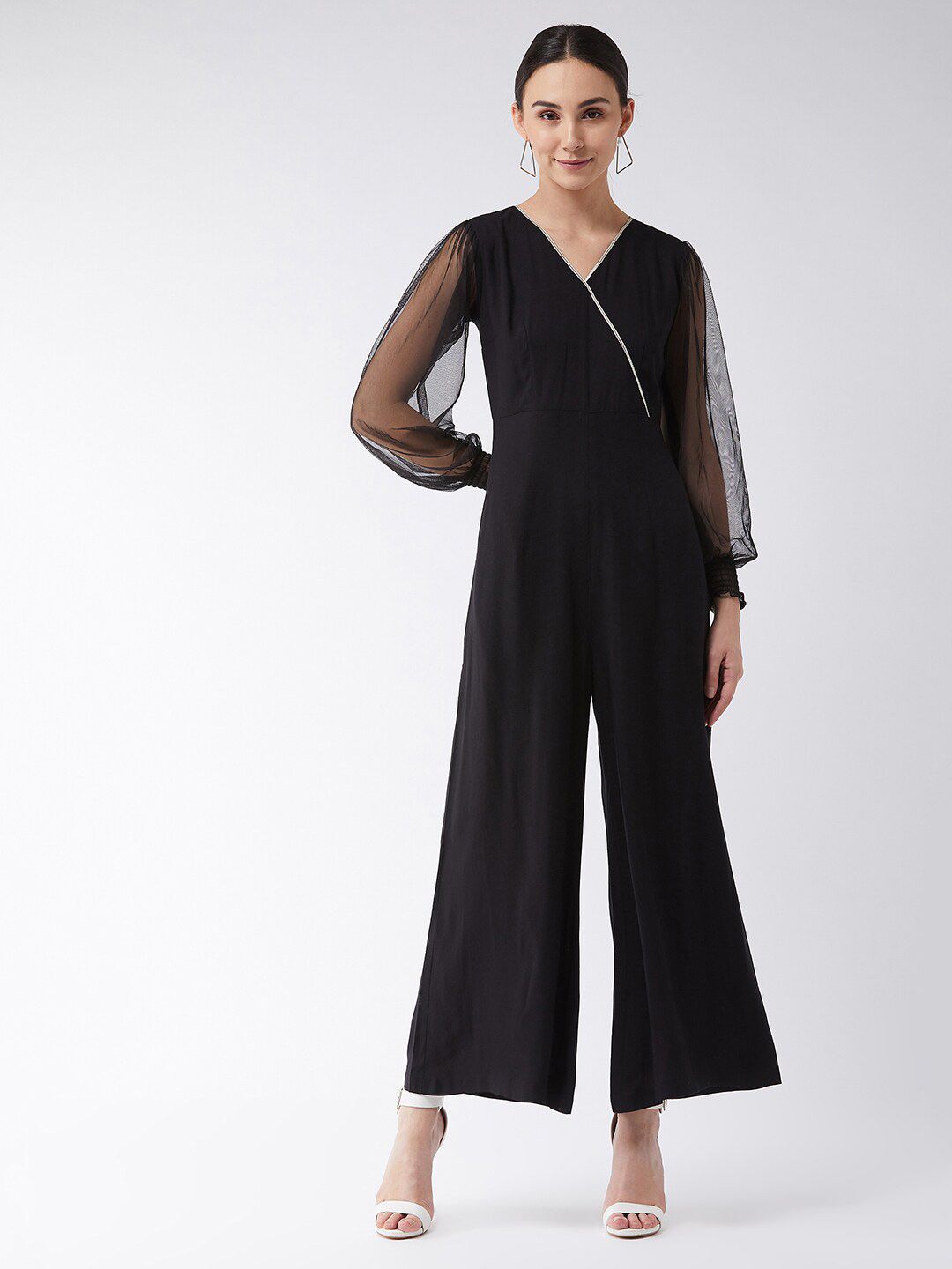Miss Chase Black & Silver-Toned Sheer Smocked Sleeve Jumpsuit Price in India