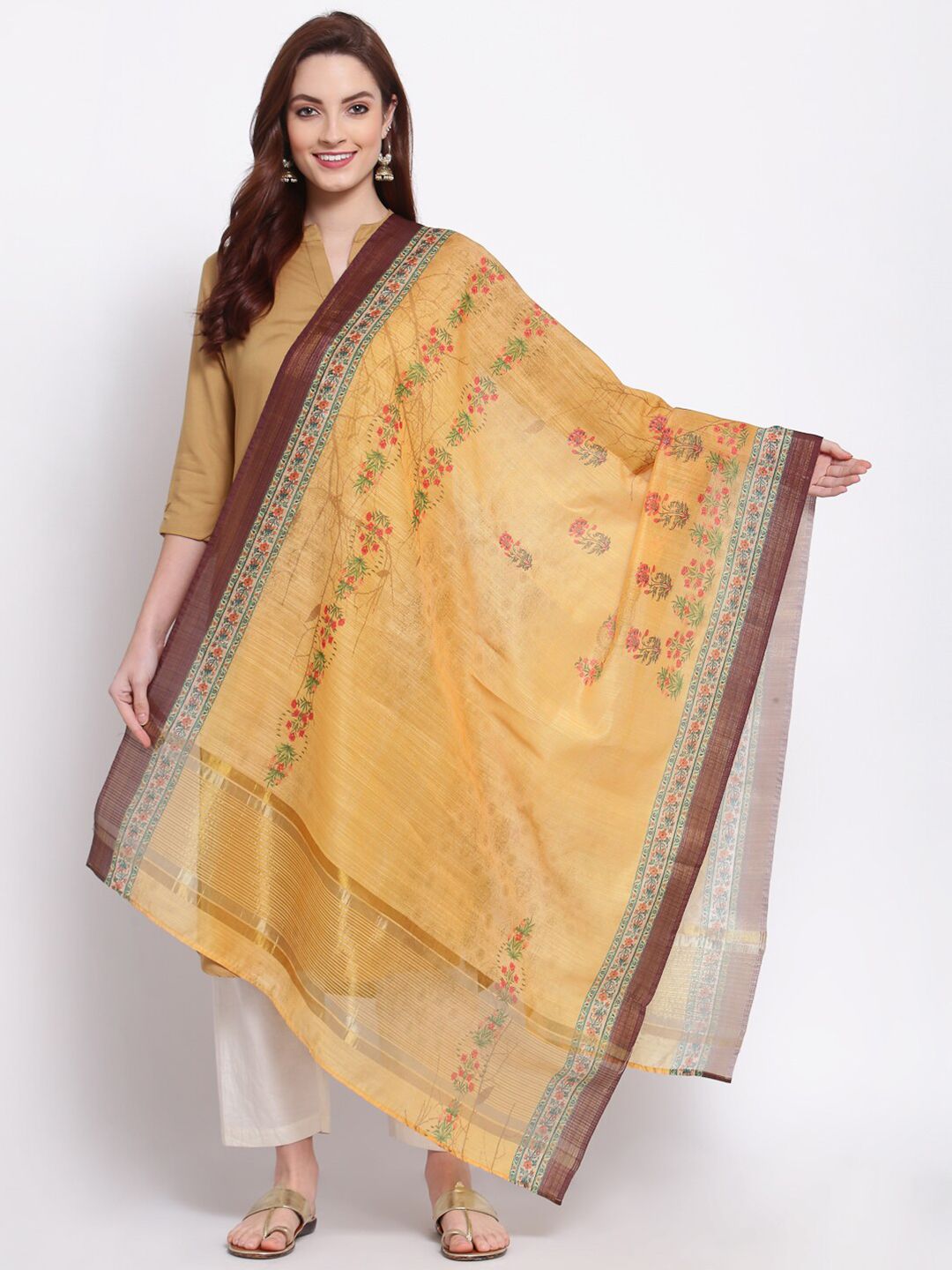 Myshka Beige & Pink Printed Cotton Silk Dupatta