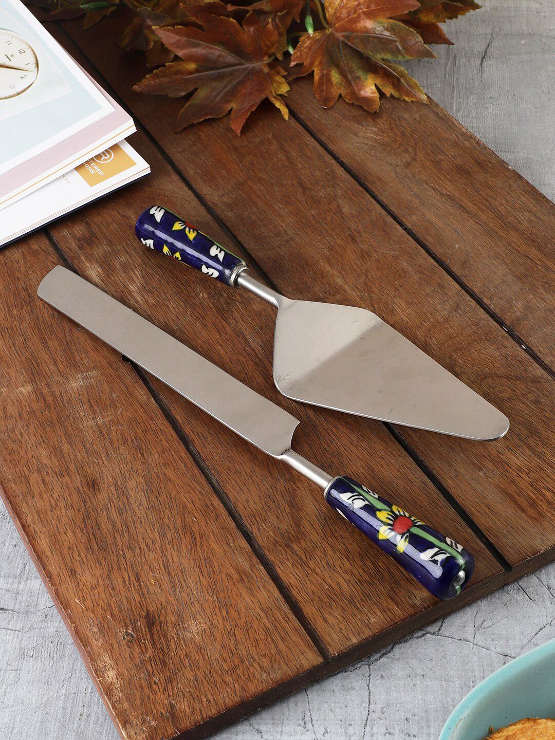 MIAH Decor Navy Blue & Beige The Gardenia Collection Handpainted Cake Server Set Price in India