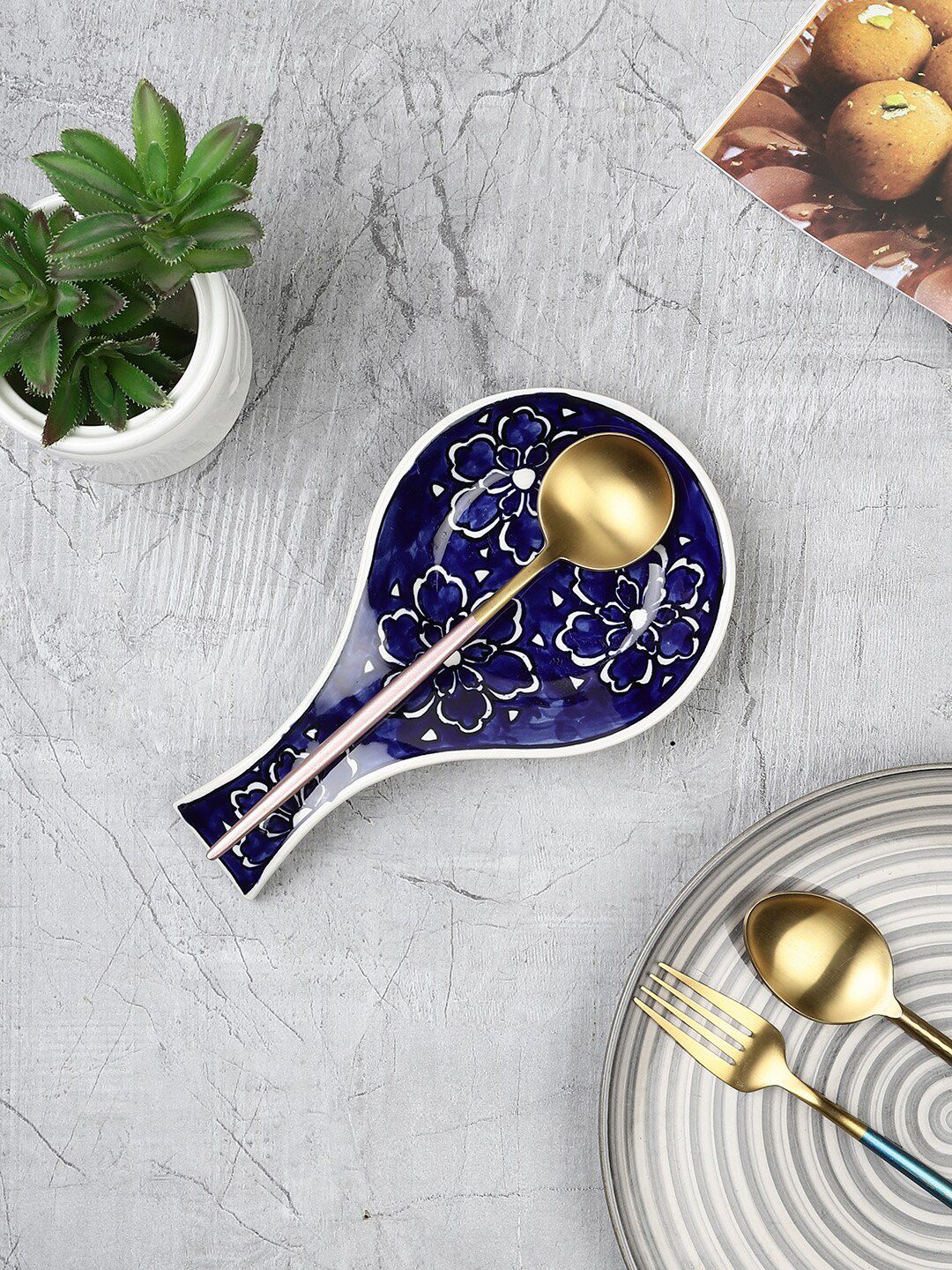 MIAH Decor Blue Handpainted Ceramic Spoon Holder Price in India