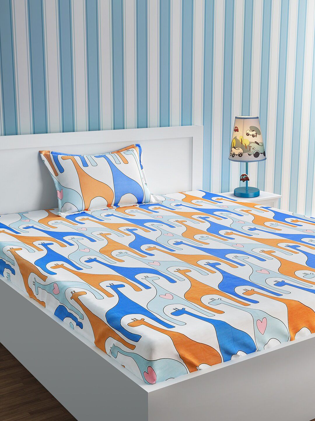 URBAN DREAM White Graphic Cotton 210 TC Single Fine Bedsheet with 2 Pillow Covers-59 x 91 inches