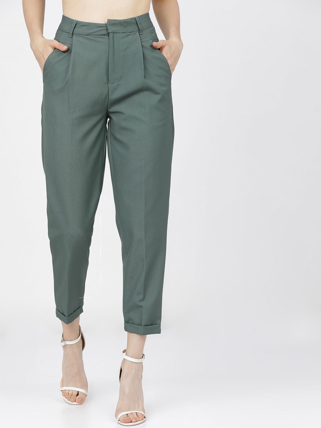 Tokyo Talkies Women Green Tapered Fit Easy Wash Pleated Peg Trousers Price in India