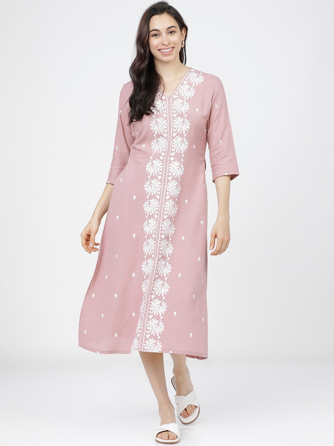 Vishudh Pink & White Ethnic Motifs Printed A-Line Midi Dress Price in India