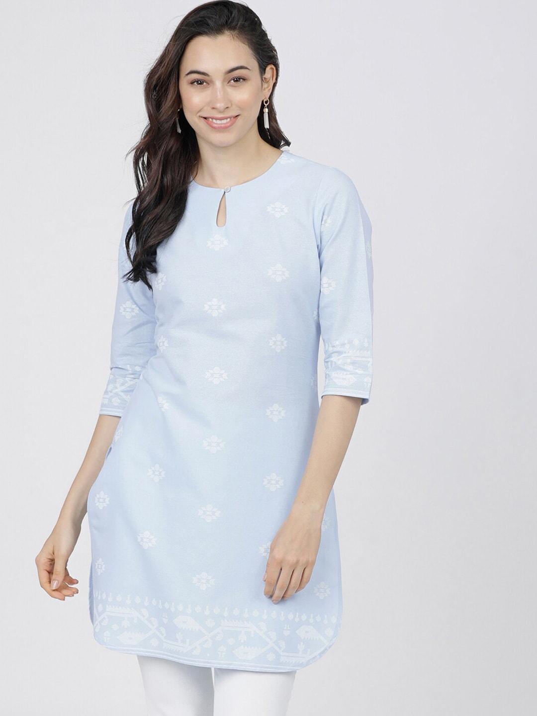 Vishudh Turquoise Blue & White Cotton Printed Tunic Price in India