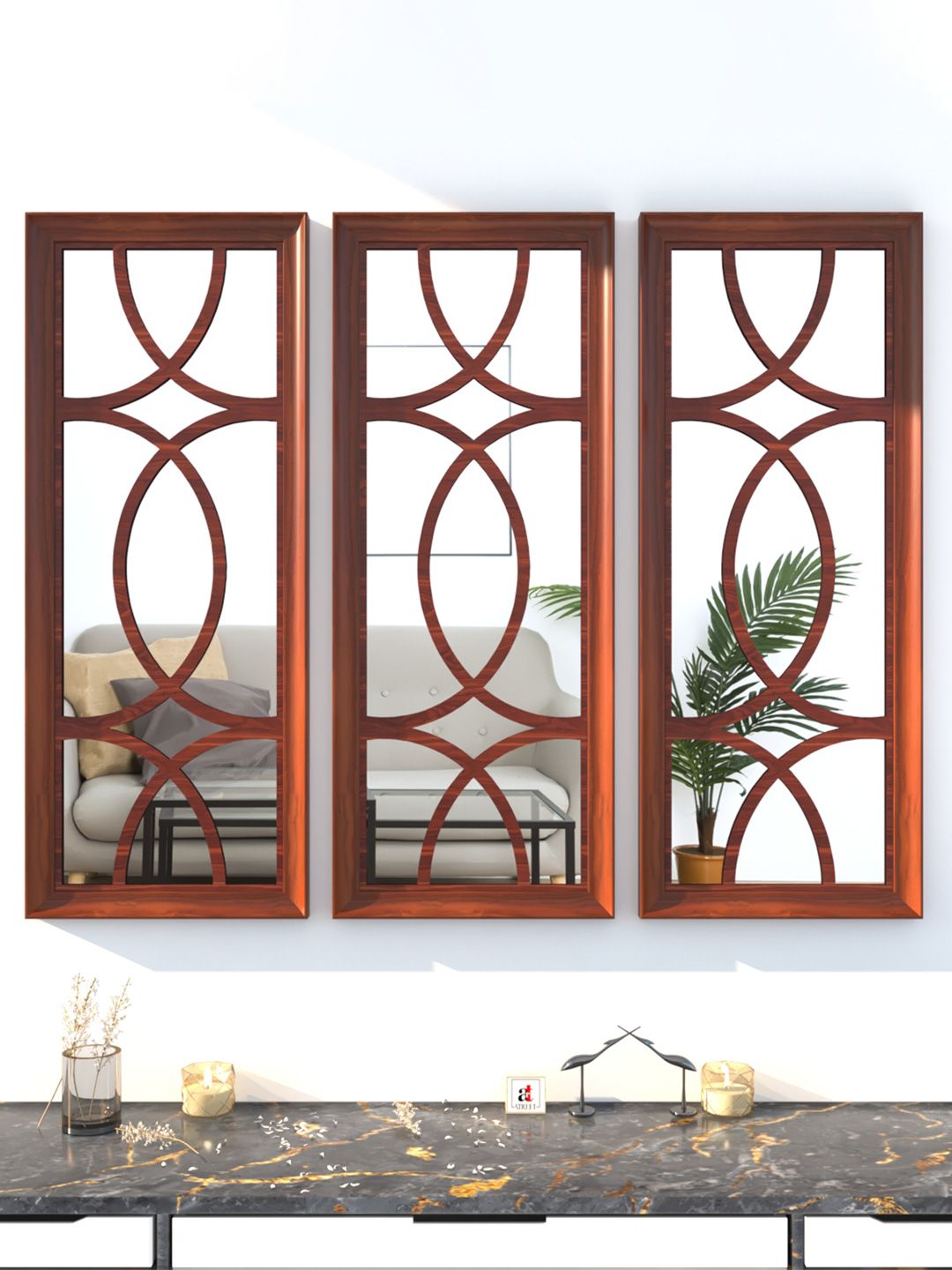 Art Street Set Of 3 Brown Solid Decorative Wall Mirrors Price in India