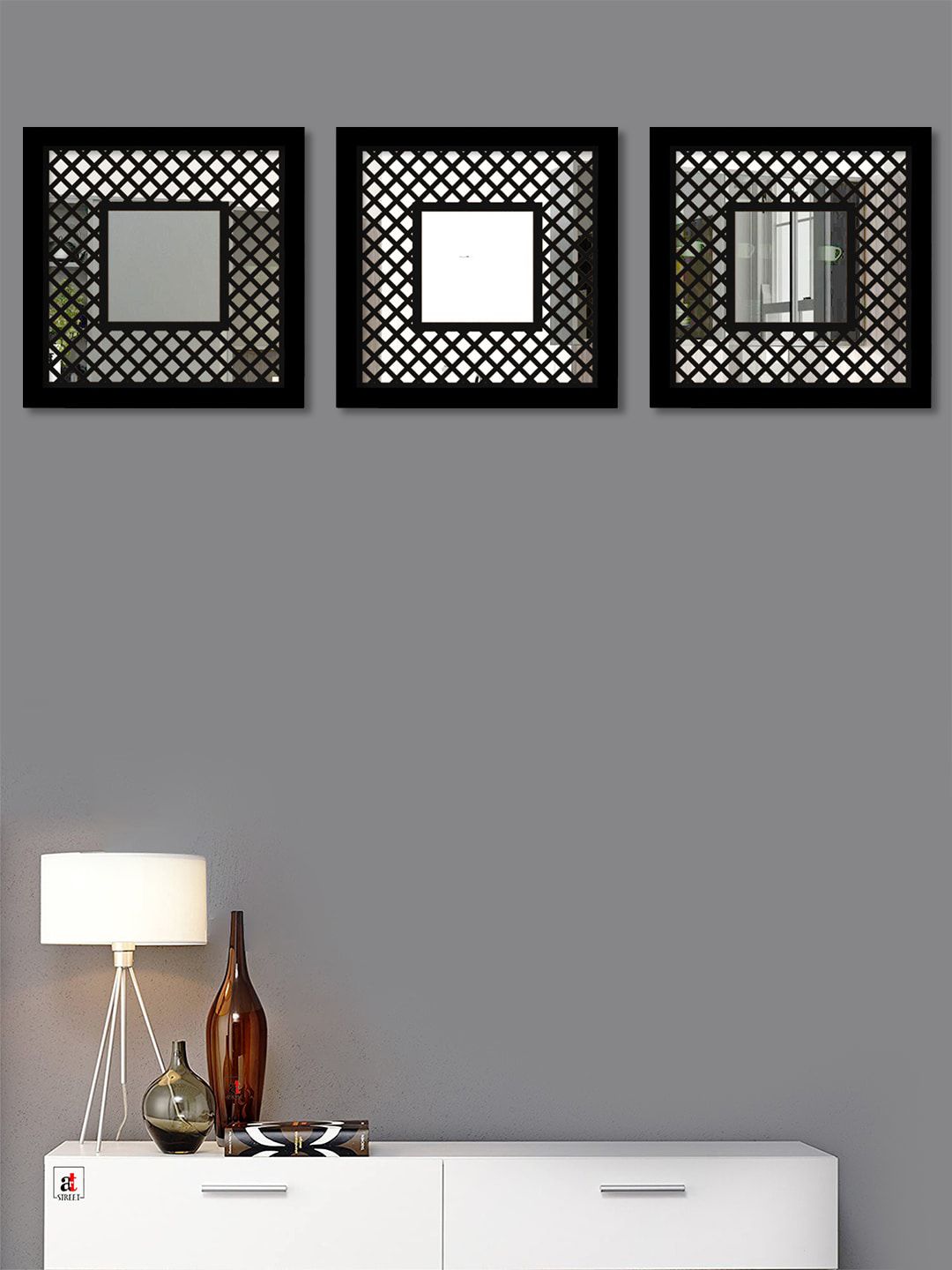 Art Street Black Set of 3 Square Shaped Mirror Wall Decors Price in India