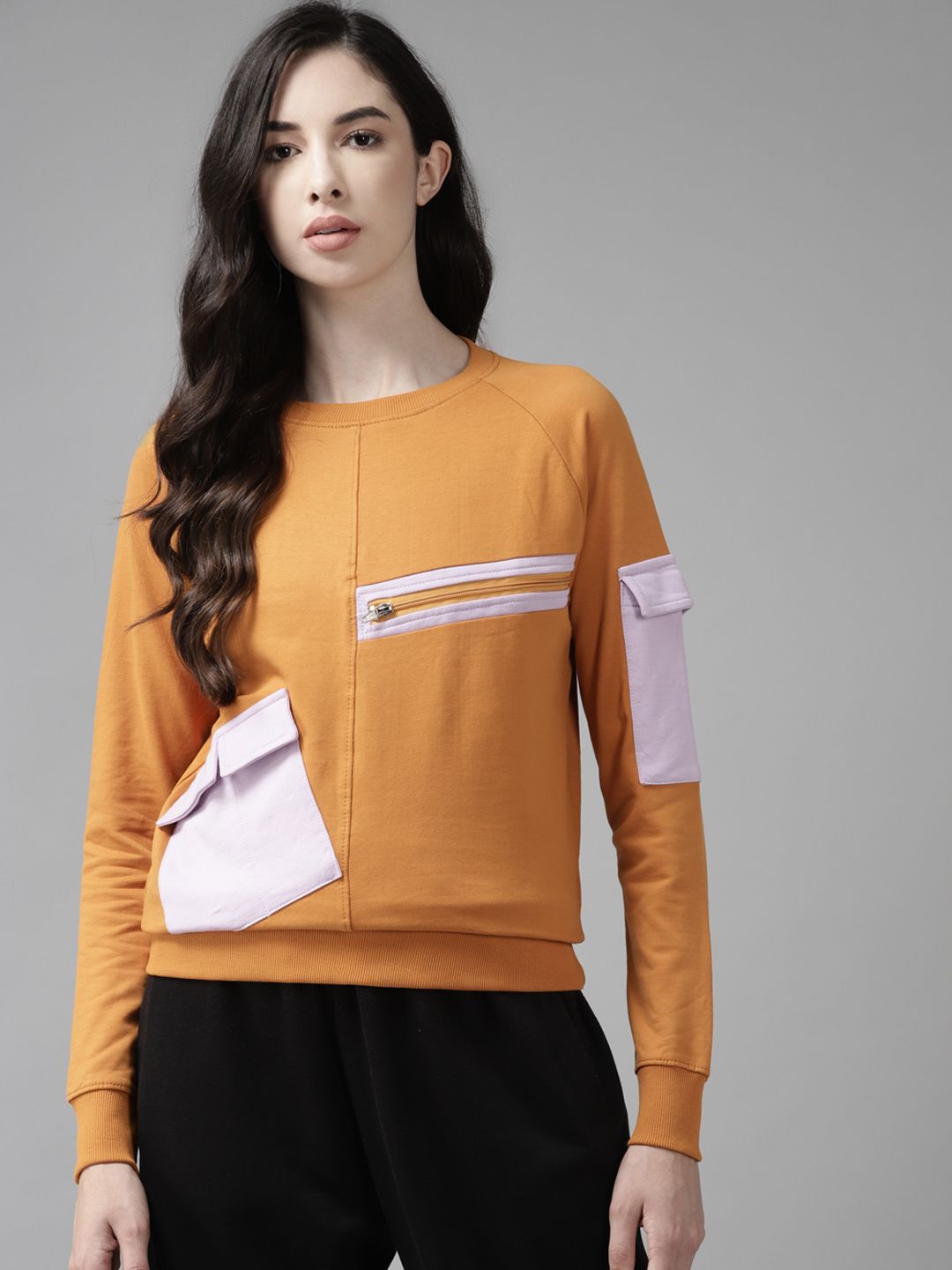 The Dry State Women Rust Orange & Purple Colourblocked Sweatshirt Price in India