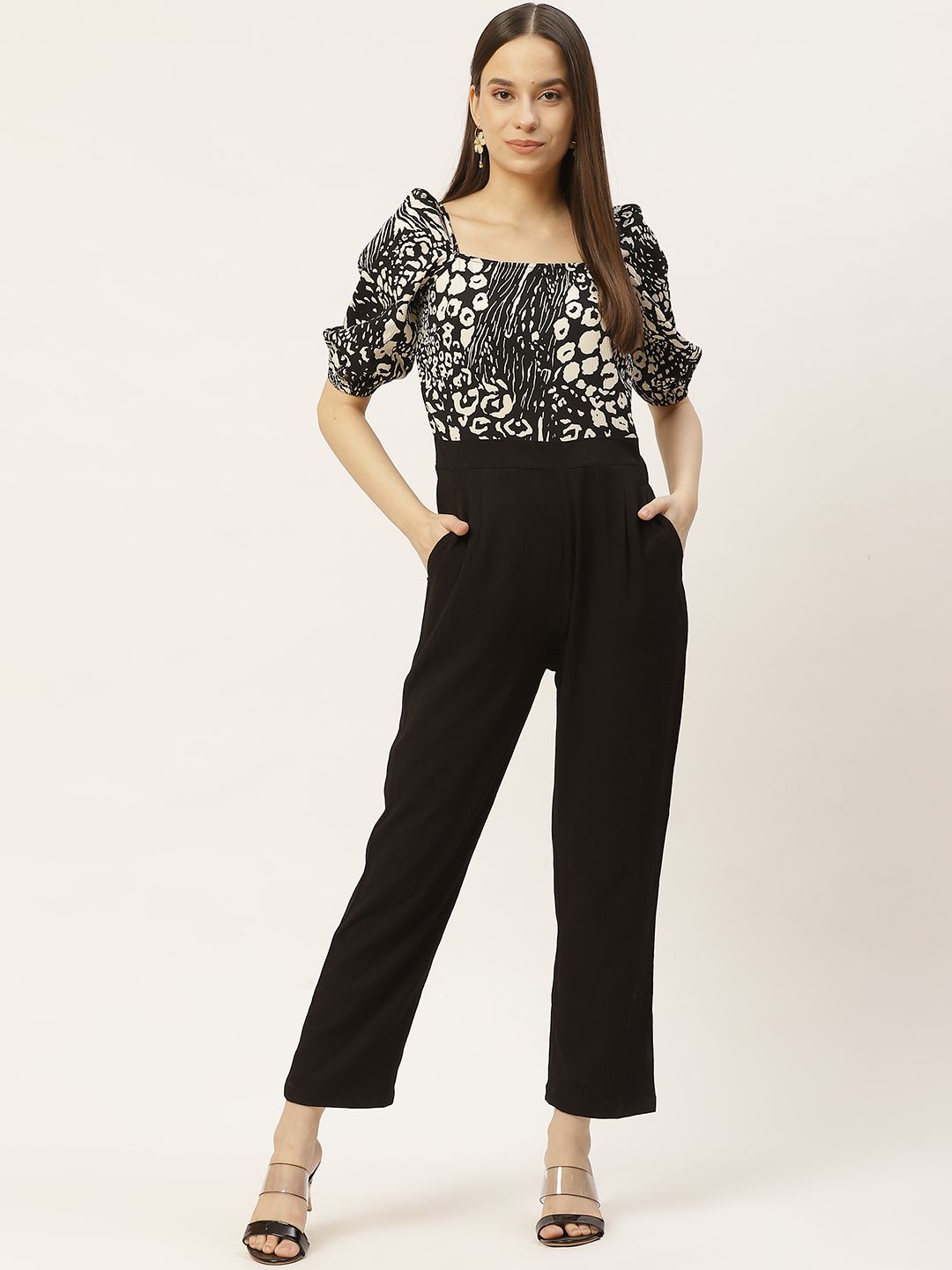 Magnetic Designs Black & White Printed Basic Jumpsuit Price in India