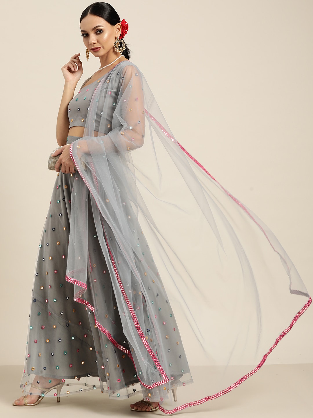 Sangria Grey Embroidered Mirror Work Semi-Stitched Lehenga & Unstitched Blouse With Dupatta Price in India